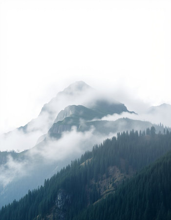 Mountain landscape with fog and mist.