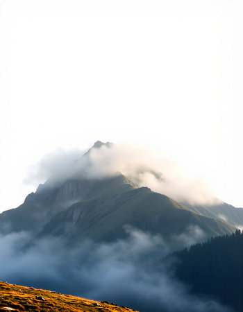 Mountain landscape with clouds and fog. Caucasus Mountains, Georgia.