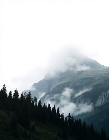 Mountain landscape with coniferous forest on a foggy day