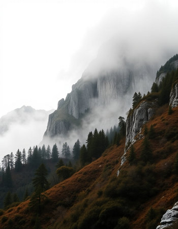 Mountain landscape with fog and clouds. Dolomites, Italy