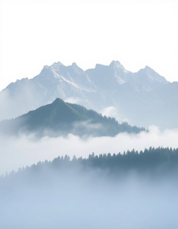 Mountain landscape with fog in the morning. Caucasus Mountains, Georgia.
