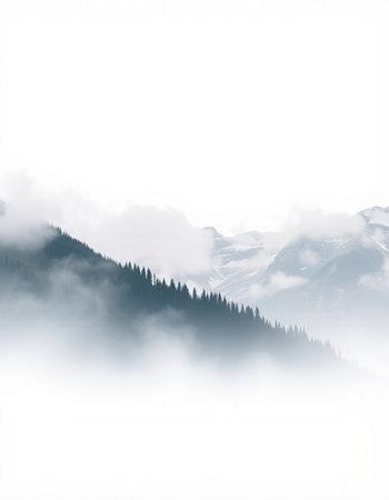 Mountain landscape with fog in the foreground and clouds in the backgroundの写真素材