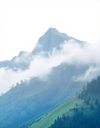 Mountain landscape with fog and clouds.の写真素材