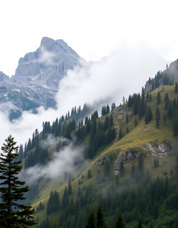 Mountain landscape with coniferous forest and fog in the valleyの写真素材