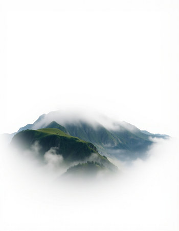 Mountains in the fog, isolated on white background. Landscape.の写真素材