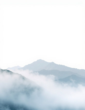 Mountain landscape with fog in the morning, on white background.の写真素材