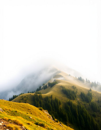 Mountain landscape in the morning mist. Carpathians, Ukraine
