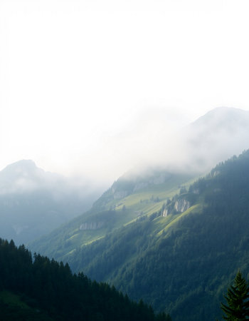 Mountain landscape in the Alps. Foggy morning in the mountains.の写真素材