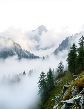 Mountain landscape with coniferous forest in foggy morning.の写真素材