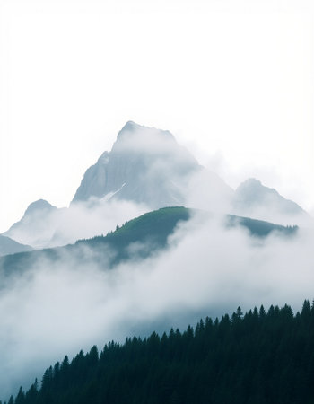 Mountain landscape with fog and clouds. Caucasus Mountains, Georgia.
