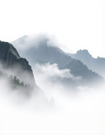 Mountain landscape with fog in Yosemite National Park, California, USAの写真素材