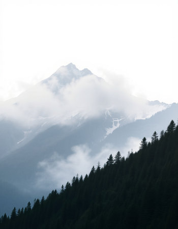 Mountain landscape with conifer forest and snow-capped peaks