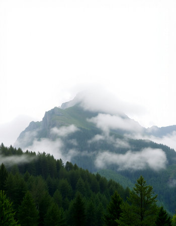 Mountain landscape with coniferous forest on a foggy morning