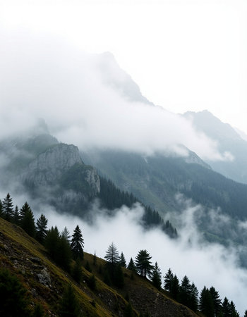 Foggy mountain landscape with pine trees in the foreground, Austriaの写真素材