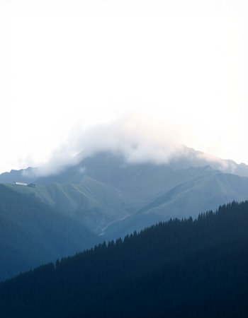 Mountain landscape with fog and clouds. Caucasus Mountains, Georgia.