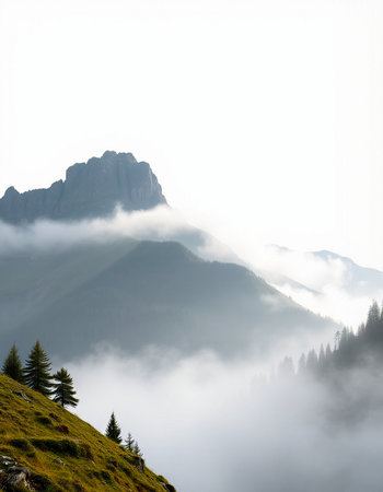 Mountain landscape with fog in the italian dolomitesの写真素材
