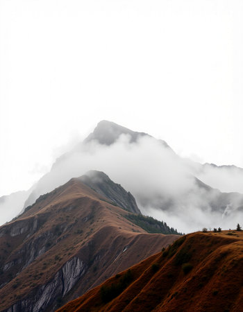 Mountain landscape with fog and clouds. Caucasus Mountains, Georgia.