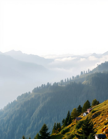 Beautiful mountain landscape with fog in the morning. Carpathians, Ukraineの写真素材