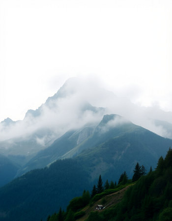 Mountains in the clouds on a foggy day in summer.の写真素材