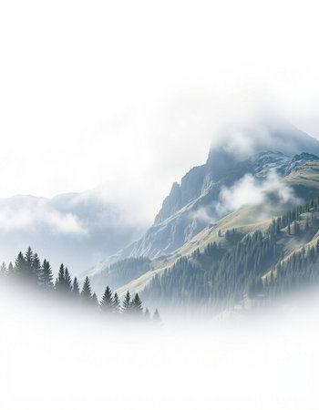 Mountain landscape with coniferous forest on a foggy day
