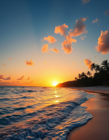 Beautiful sunset on the tropical beach. Colorful sky and sea