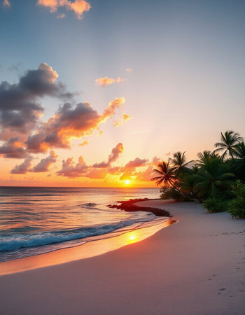 Tropical beach at beautiful sunset, Maldives, Indian Oceanの写真素材