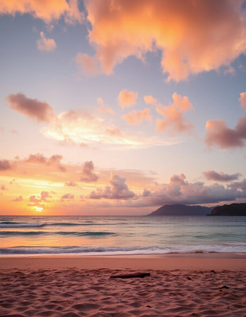 Beautiful sunset on the beach in Seychelles, Maheの写真素材