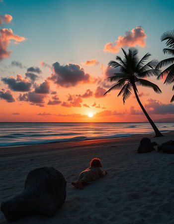 Tropical beach at beautiful sunset with palm tree. Nature backgroundの写真素材