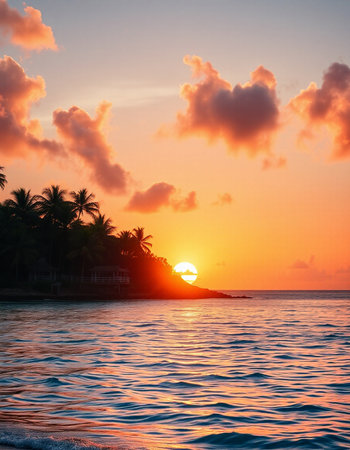 Beautiful sunset over the sea with palm trees on the beach.
