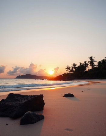 Beautiful sunset on the beach of the island of Seychellesの写真素材