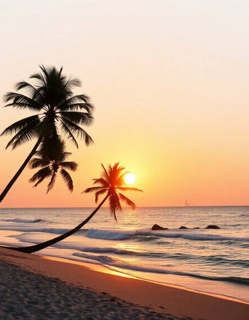 Beautiful tropical beach and sea with coconut palm tree at sunset timeの写真素材