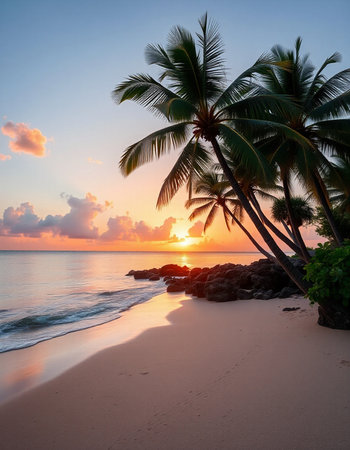 Beautiful tropical beach and sea with coconut palm tree at sunset timeの写真素材