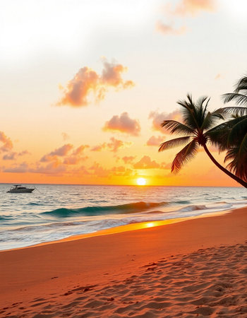 Beautiful tropical beach and sea with coconut palm tree at sunset time - Holiday Vacation conceptの写真素材
