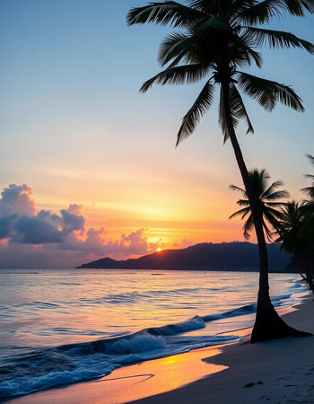 Tropical beach with palm trees at sunset, Koh Samui, Thailandの写真素材