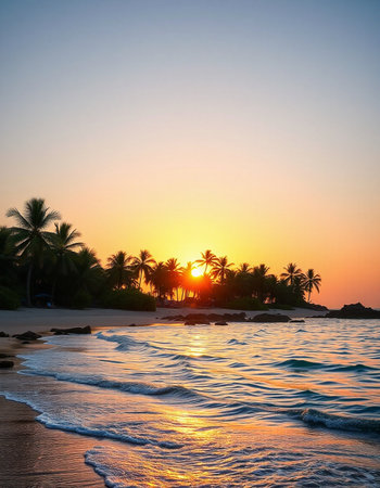 Beautiful sunset over the ocean. Tropical beach with palm trees.