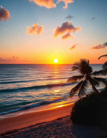 Sunset on the beach with palm trees. Beautiful sunset over the sea.