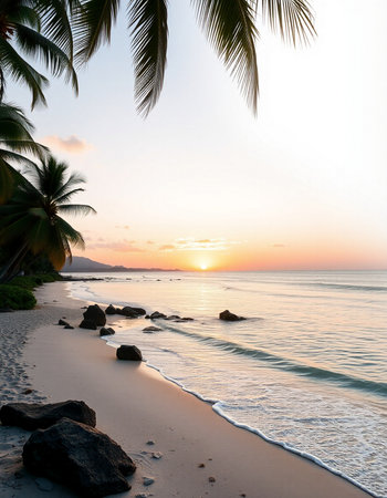 Beautiful tropical beach and sea with coconut palm tree at sunset time - Holiday Vacation concept