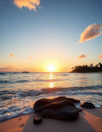 Beautiful sunset on the beach with sea in backgroundの写真素材