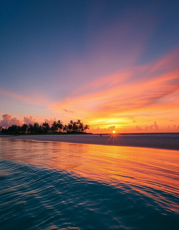 Tropical beach at beautiful sunset in Maldives. Nature backgroundの写真素材