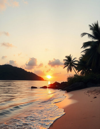 Tropical beach with palm tree at sunset. Nature background.