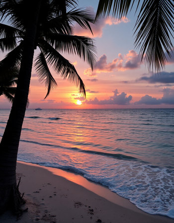 Beautiful sunset on the beach with coconut palm trees in the foreground