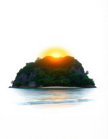 Beautiful seascape with island and sun in the sky.
