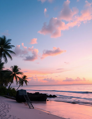Beautiful tropical beach and sea with coconut palm tree at sunset time - Holiday Vacation concept