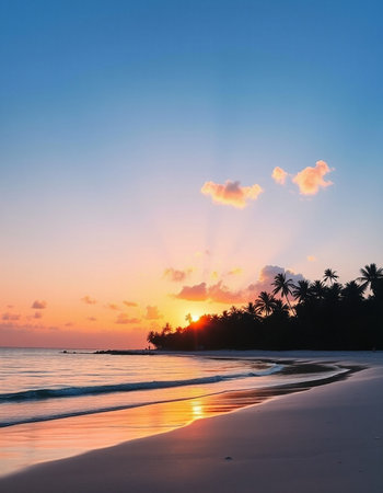 Beautiful tropical beach and sea with coconut palm tree at sunset time