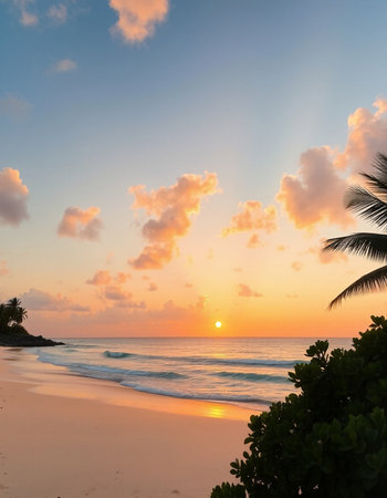Beautiful tropical beach and sea with coconut palm tree at sunset time - Holiday Vacation concept