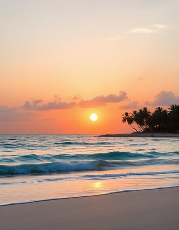 Beautiful tropical beach and sea with coconut palm tree at sunset time - Holiday Vacation concept