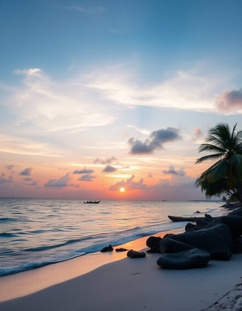 Beautiful tropical beach and sea with coconut palm tree at sunset time - Holiday Vacation concept