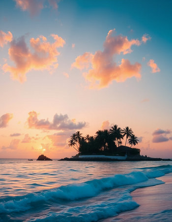 Tropical beach at beautiful sunset with palm tree - Vintage Filter
