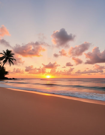 Tropical beach at sunset with palm trees and sand in the foregroundの写真素材