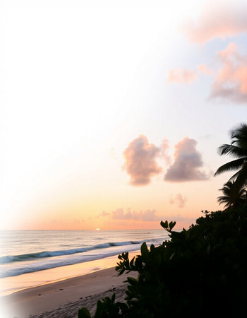 Sunset on the beach with palm trees and sand, Seychelles